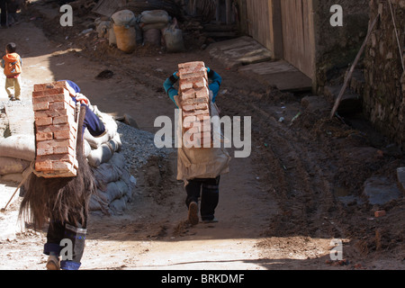 Two Chinese minority women carry bricks on their back at a construction site in Yunnan province, China Stock Photo