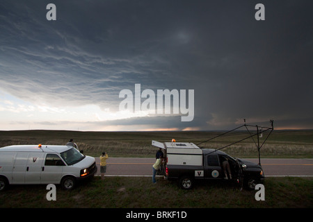 Tornado chasers and scientists participating in Project Vortex 2 in rural Wyoming, May 21, 2010. Stock Photo