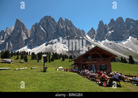 Gschnagenhardt Hut at foot of Geisler Group of the Dolomites, South Tirol, Italy Stock Photo
