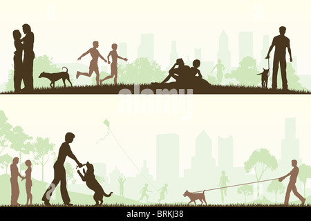 Two illustrated designs of people in city parks Stock Photo