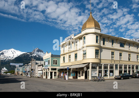 Golden North Hotel and historic weatherboard buildings Broadway Skagway Inside Passage Alaska USA Stock Photo