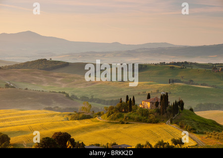Misty dawn over Podere Belvedere and Tuscan countryside near San Quirico, Tuscany Italy Stock Photo