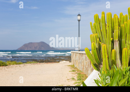 View of the Isla de Lobos islet off Fuerteventura seen from the beachfront path in Corralejos Stock Photo