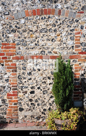 Old doorway filled in with flint and decorative brickwork in 'The Fox Goes Free' Charlton village, West Sussex. Stock Photo