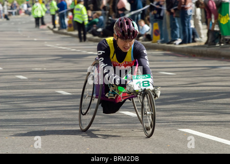 London Marathon wheelchair athlete, a disabled competitor competing in London's annual race in April. Stock Photo