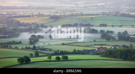 Mist hanging low over countryside near Crediton, Mid Devon, England. Summer (June) 2009 Stock Photo