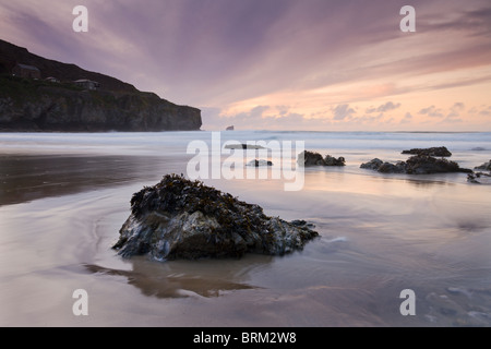 Sunset from the sandy shores of Trevaunance Cove, St Agnes, Cornwall, England. Summer (September) 2009. Stock Photo