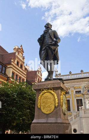 statue figure of Johann Wolfgang von Geothe, LEIPZIG naschmarkt, bronze monument landmark state of Saxony poet memory  blue sky Stock Photo