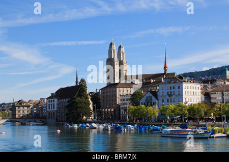 The River Limmat in Zurich with the Grossmunster Church across the river. Stock Photo