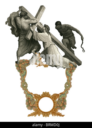 Victorian frame with Jesus Christ Bearing the Cross. Stock Photo