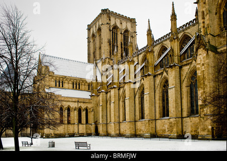 North façade of York Minster seen from Dean's park, in snow. North Yorkshire, UK. Stock Photo