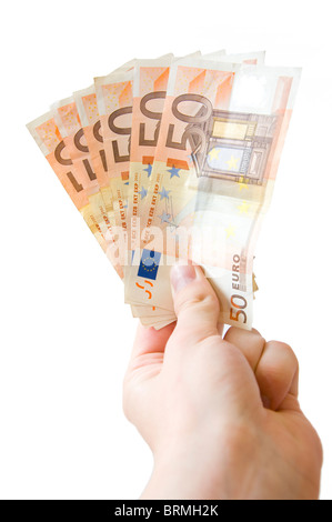 Men hand holding EURO money, against a white background, Stock Photo