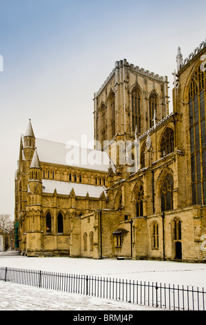 Exterior south facade of York Minster in snow, Yorkshire, UK. Stock Photo