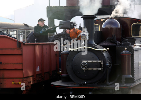 Coaling the double fairlie MERDDIN EMRYS steam locomotive at Porthmadog, North Wales Stock Photo