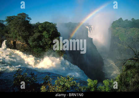 Part of the main falls of the Victoria Falls showing a rainbow Stock Photo
