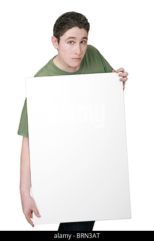 a man holding a large blank white sign ready for message Stock Photo