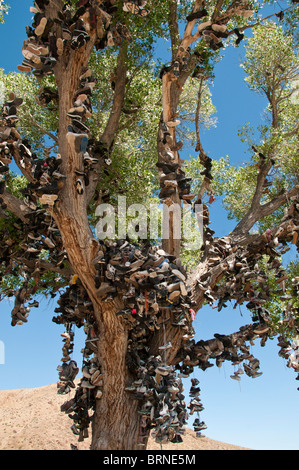 Roadside shoe tree, Churchill County miilepost 70, U.S. Highway 50, Lonliest Road in America, Middlegate, Nevada. Stock Photo