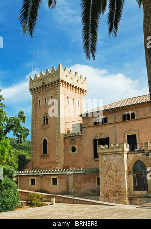 Spain Balearic Mallorca Andratx town hall fort castle palm tree Stock Photo