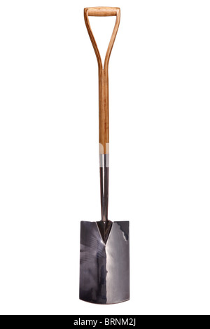Photo of a wooden handle gardening spade isolated on a white background. Stock Photo