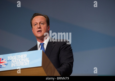 Prime Minister David Cameron addresses delegates on the fourth day of the Conservatives party conference at The ICC Birmingham Stock Photo