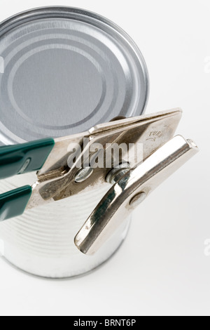 Metal Can and opener with white background Stock Photo