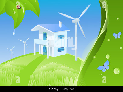 Real estate view. New house and windmills. Paradise landscape with butterflies on abstract background. Stock Photo