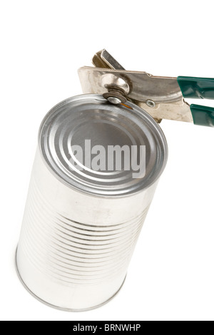 Metal Can and opener with white background Stock Photo