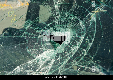 Smashed car windscreen from pedestrian Road Traffic Accident Stock Photo