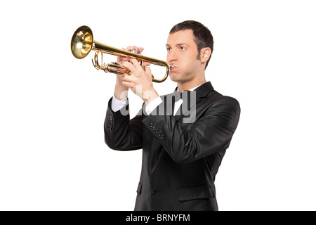 A man in a suit playing a trumpet Stock Photo