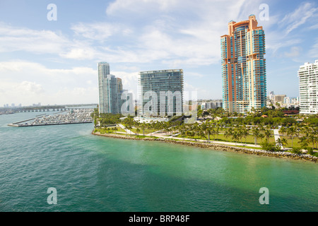 The view towards Miami Beach seen from a cruise ship leaving the port of Miami in Florida Stock Photo