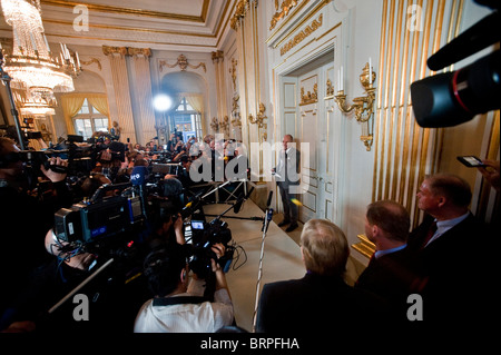 Peter Englund of The Swedish Academy  announce this years Nobel Prize in literature goes to Peruvian author Mario Vargas Llosa Stock Photo