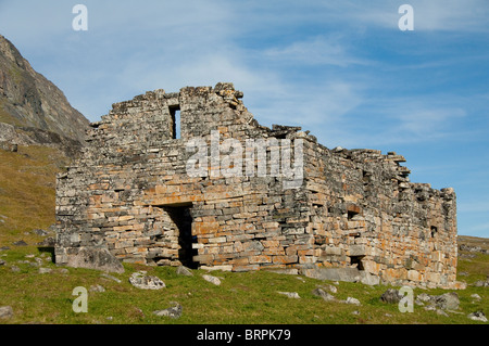 Greenland, Qaqortoq, Hvalsey (aka Whale Island). 14th c. stone ruins of Hvalsey Church (aka Hvalso Kirkeruin). Stock Photo