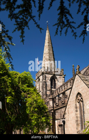 UK, England, Derbyshire, Peak District, Hathersage, St Michael’s church, Saint George’s flag flying from spire Stock Photo