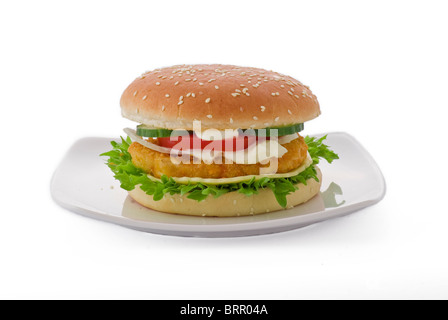 Chicken cheese burger on white background - isolated Stock Photo