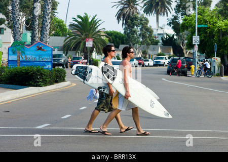 Surfers Crossing the Street, Mission Beach, California Stock Photo