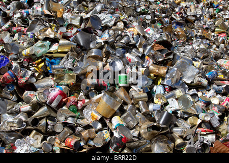Tin cans at recycling center, metal recycling, up close Stock Photo