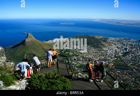 View over central Cape Town from the top of Table Mountain, with Lions Head and Robben Island in the distance Stock Photo