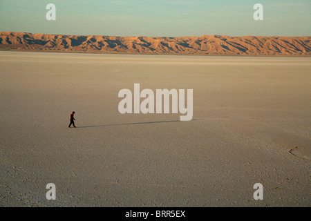 A man walks on the salt lake of Chott el-Jerrid in south of Tunisia Stock Photo