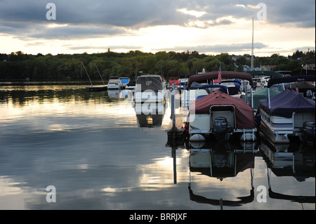 USA New York Canandaigua NY Finger Lakes Region - House boats at the lake harbor Stock Photo