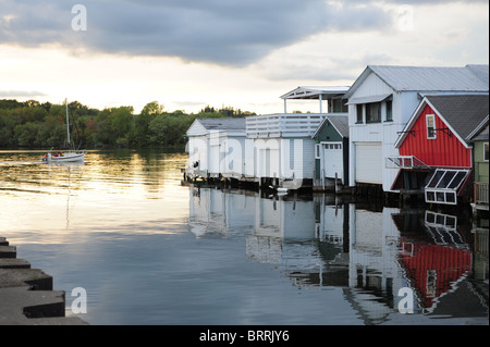 USA New York Canandaigua NY Finger Lakes Region - House boats at the lake harbor Stock Photo