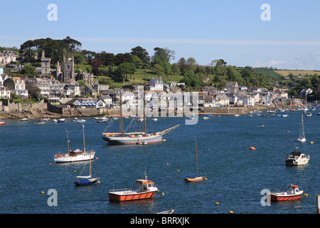 View of Fowey from Polruan, Cornwall, with boats moored in the estuary of the river Fowey Stock Photo