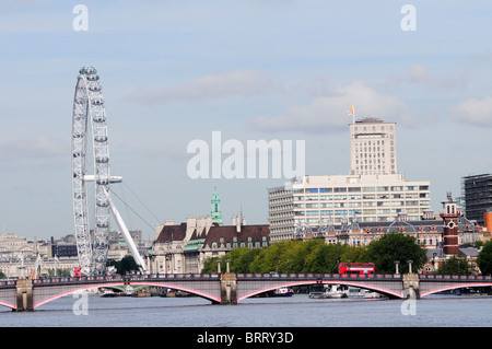 Lambeth Bridge with The London Eye and St Thomas's Hospital viewed from Vauxhall Bridge, London, England, UK