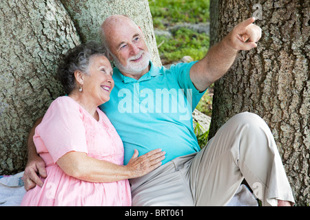 Senior man points out a bird to his wife as they relax in the park.  Stock Photo