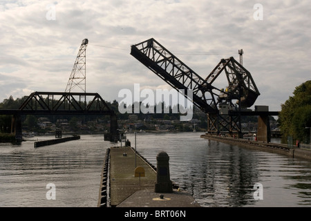 BNSF Railroad lifting bridge at Ballard Locks Lake Washington Ship Canal Seattle WA USA Stock Photo