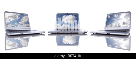 Cloud computing concept in three modern laptop isolated on white Stock Photo