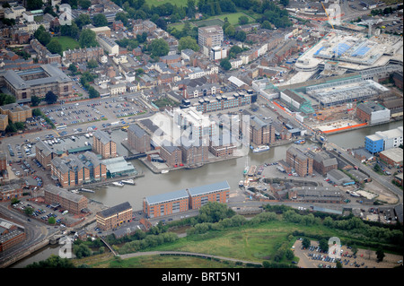 Aerial of Gloucester Docks with building work (Aug 2008) in progress at The Gloucester Quays shopping outlet (right) UK Stock Photo