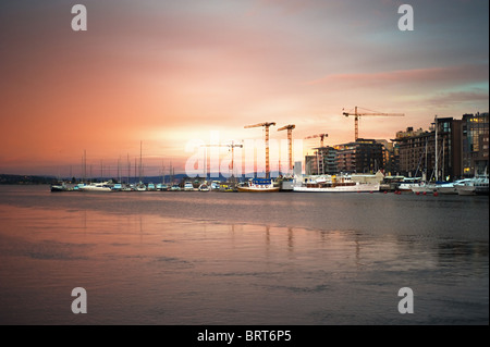 Oslo harbor in the beautiful sunrise. Norway Stock Photo