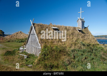 Canada, Newfoundland and Labrador, L'Anse Aux Meadows. Norstead Viking Village, replica of Norse church. Stock Photo