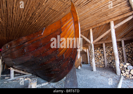 Canada, Newfoundland and Labrador, L'Anse Aux Meadows. Norstead Viking Village, replica of Norse boat house. Stock Photo