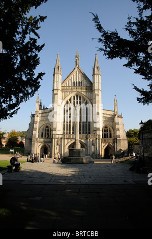 Winchester Cathedral west front entrance and surrounding grounds situated in Winchester city centre Hampshire southern England Stock Photo
